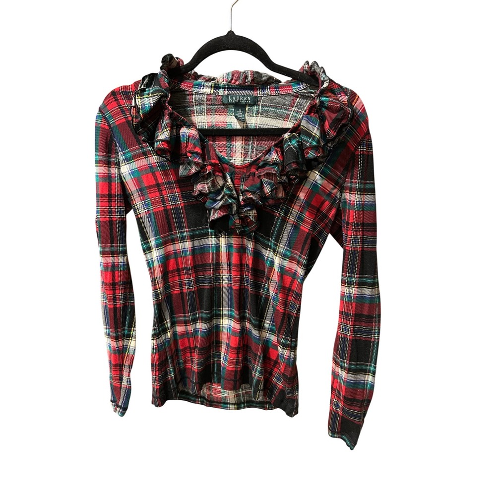 Lauren Ralph Lauren Plaid Ruffle V-Neck Top Red Green Stewart Tartan Cotton S